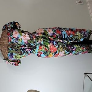 Namaste szS Tropical Floral Faux Wrap Off the Shoulders Dress. Bin i
